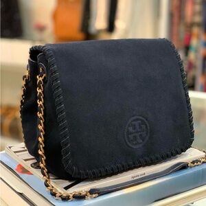 Tory Burch Marion Suede Crossbody Clutch Navy Blue Gold Chain Whipstitch Bag